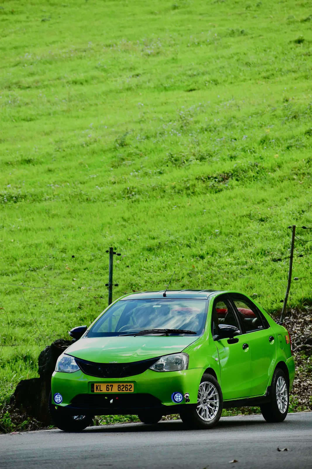 Green Munnar Trip Makers taxi parked below a tea-covered hillside